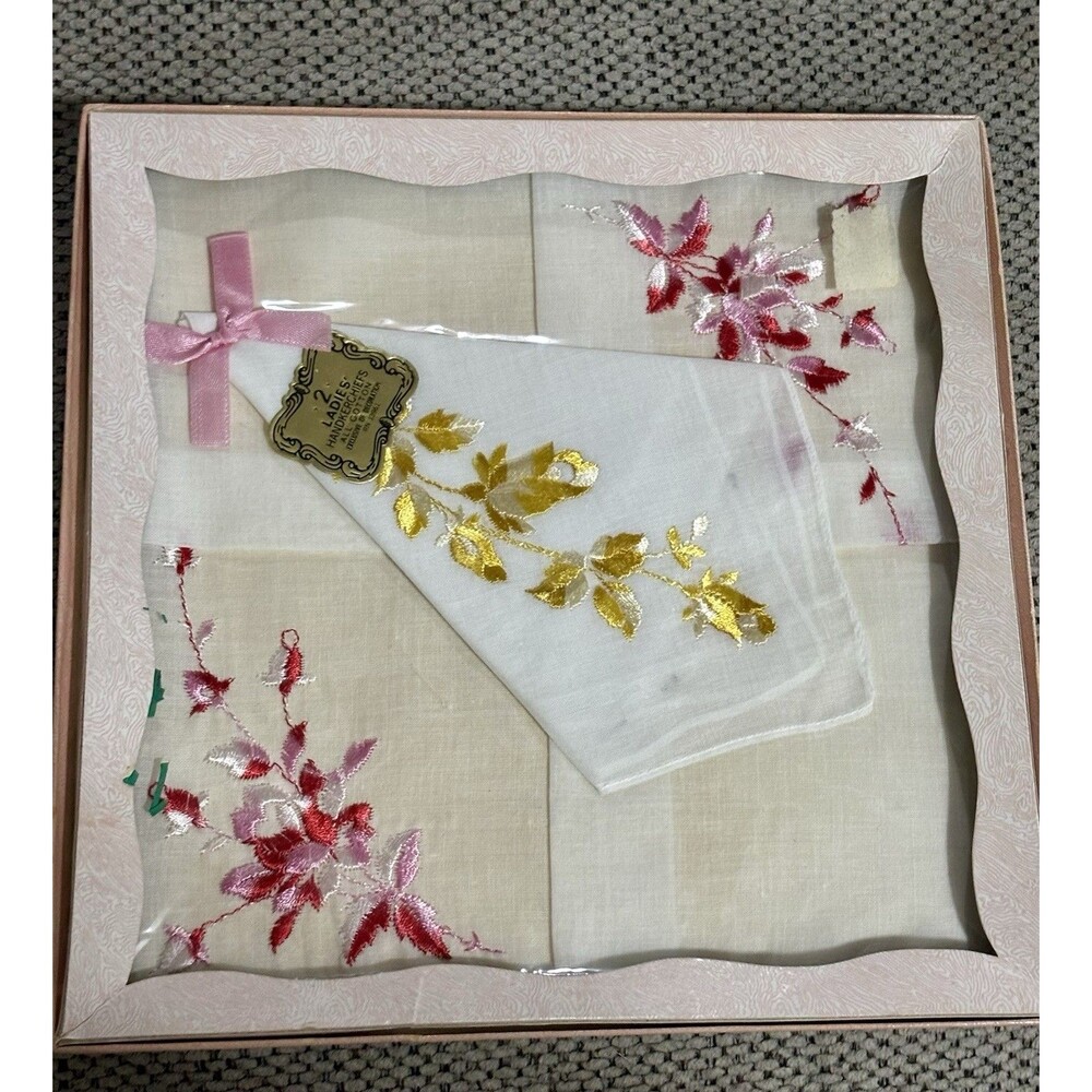 Vintage 2 Ladies Handkerchiefs Cotton Floral Embroidered Pink Yellow Boxed Set